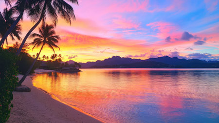 Awe-inspiring view of a tranquil tropical beach at sunrise, featuring palm trees and a vibrant sky reflected in calm waters. A perfect nature escape.の素材