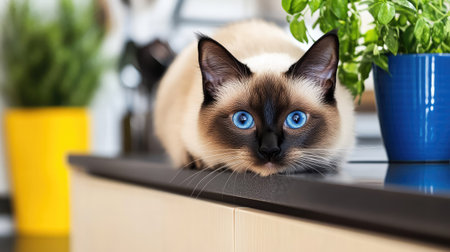 A captivating close-up of a domestic cat with striking blue eyes resting on a kitchen counter. The cat is surrounded by lush green plants, creating a serene and cozy atmosphere.の素材