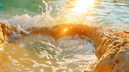 This captivating image captures the serene moment of ocean waves splashing against a rocky shoreline during a stunning sunset. The interplay of sunlight and water creates a tranquil and picturesque coastal scene perfect for evoking feelings of relaxation and escape.の素材