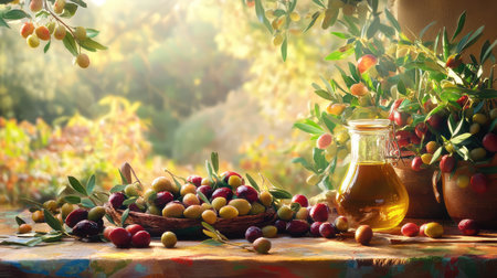 A stunning display of freshly harvested olives arranged in a basket alongside a glass of olive oil, set against a warm, natural backdrop.の素材