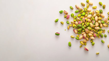 A vibrant collection of pistachio nuts in various colors scattered on a neutral background, representing healthy snacking options and culinary creativity.の素材