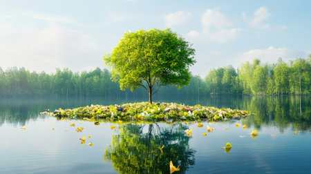 A solitary tree stands proudly on a small island in a tranquil lake, surrounded by lush greenery, reflecting the beauty of nature in calm waters.の素材