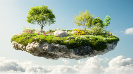 A stunning floating island showcases vibrant flowers, lush greenery, and trees surrounded by a serene sky with soft clouds, embodying tranquility and imagination.の素材