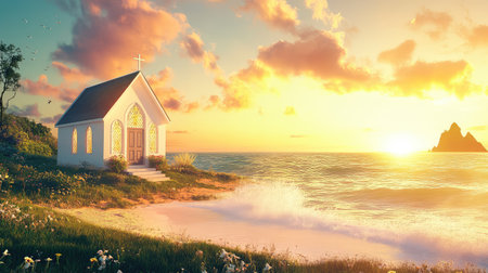 A tranquil coastal chapel stands at sunrise, surrounded by soft waves and a colorful sky. This serene scene captures natureの素材
