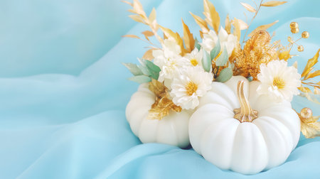 A stunning arrangement featuring elegant white pumpkins adorned with gold accents and delicate flowers, set against a soft blue background, perfect for seasonal decor.の素材