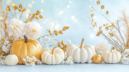 A beautiful arrangement featuring white pumpkins, golden accents, and delicate flowers creates a cozy and elegant ambiance perfect for autumn celebrations.の素材
