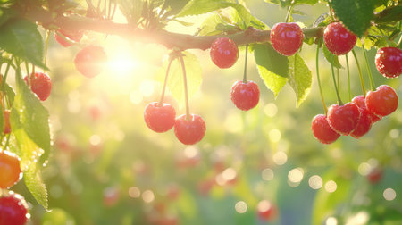 A vibrant close-up of fresh cherries on a branch glistening with dewdrops, illuminated by warm sunlight in a lush orchard, capturing natural beauty.の素材