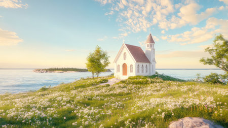 Charming church sits peacefully on a green hill overlooking calm waters, surrounded by wildflowers and under a beautiful sky at sunrise.の素材