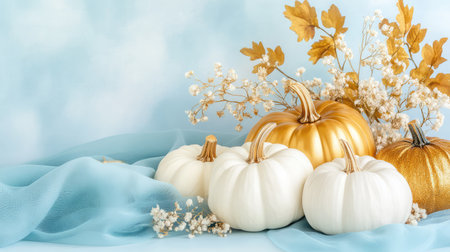 A captivating still life featuring white and gold pumpkins elegantly arranged with delicate foliage and soft fabric, perfect for autumn decor inspiration.の素材