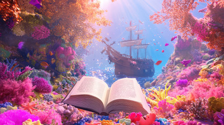 Dive into a captivating underwater scene featuring an open book amidst vibrant coral reefs and a majestic sailing ship, evoking adventure and imagination.の素材