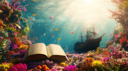 An enchanting underwater scene showcasing a large open book amidst a vibrant coral reef and a ship in the distance. The sunlight filters through, illuminating the aquatic life, creating a captivating mystical atmosphere.の素材