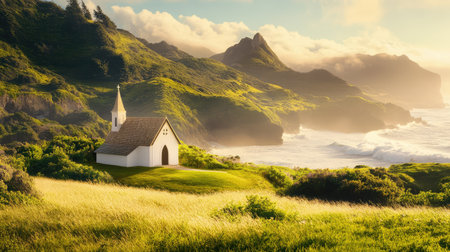 A picturesque scene showcasing a charming white church nestled in lush green hills along the coast, with dramatic mountains and a serene ocean.の素材