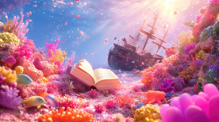 Explore a magical underwater world featuring a shimmering coral reef, an open book, and a majestic ship sailing through sparkling sunlight.の素材