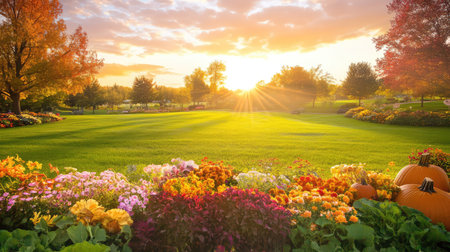 Experience a breathtaking autumn landscape showcasing vibrant flowers, pumpkins, and a serene sunset illuminating the peaceful park setting.の素材