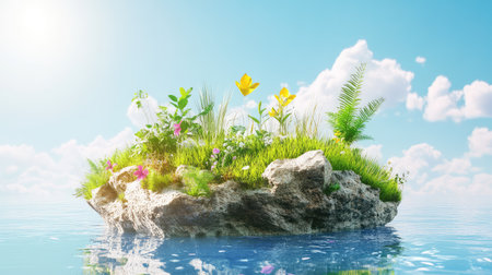 This captivating image showcases a serene island adorned with vibrant flowers and lush greenery, perfectly reflected on the calm waters under a bright sky.の素材
