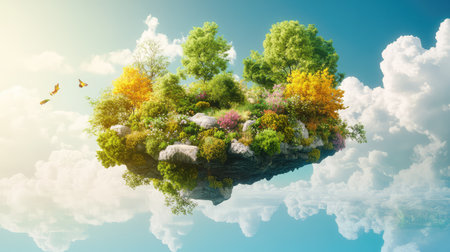 A stunning floating island showcases vibrant trees and colorful flowers, creating an ethereal atmosphere under a bright blue sky with fluffy clouds.の素材