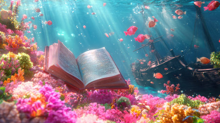 An enchanting underwater scene featuring an open book surrounded by vibrant coral reefs and colorful tropical fish, evoking a sense of adventure and imagination.の素材
