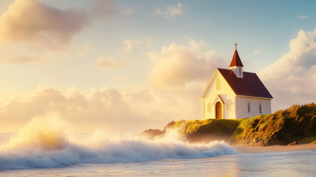 A picturesque coastal church stands majestically on a hill as gentle waves crash beneath it during sunrise, surrounded by soft clouds and natural beauty.の素材