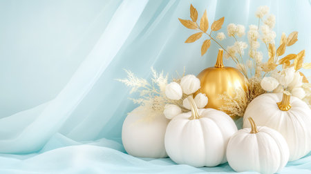 A stylish arrangement of elegant white pumpkins and a shimmering golden pumpkin on a soft blue fabric, perfect for autumn celebrations and decor inspiration.の素材