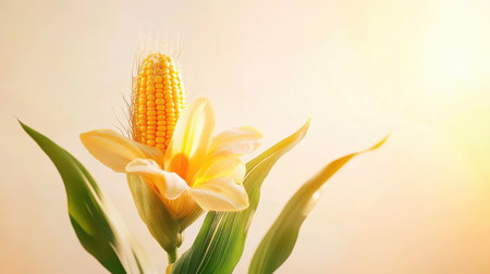 A stunning close-up of golden corn on the cob surrounded by vibrant green leaves, illuminated by warm sunlight, showcasing natural beauty and freshness.の素材