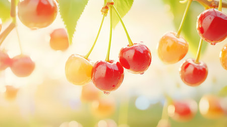 A close-up view of fresh cherry fruits hanging from a tree branch, illuminated by soft natural light. Dew drops glisten on the fruits, capturing the essence of summer and natural beauty. Perfect for themes of agriculture and healthy living.の素材