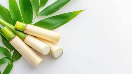 A stunning arrangement of fresh bamboo stalks accompanied by vibrant green leaves, set against a clean white backdrop, representing nature and tranquility.の素材