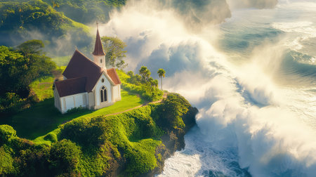 A picturesque coastal scene showcasing a charming chapel perched on a lush green hillside, surrounded by crashing waves and vibrant nature.の素材
