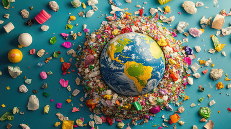 This image showcases the Earth amidst a vibrant spread of plastic waste, highlighting the urgent need for environmental awareness and sustainable practices.の素材