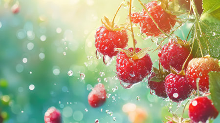 A stunning image of fresh ripe raspberries adorned with sparkling water droplets, beautifully captured against a softly blurred green and blue background, evokes freshness.の素材