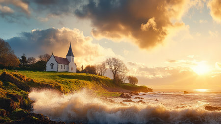 A picturesque view of a charming coastal church bathed in the warm light of sunset, set against a backdrop of vibrant skies and crashing ocean waves.の素材