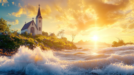 A breathtaking view of a coastal church bathed in warm sunlight during sunset. Waves crash nearby, adding a sense of tranquility and beauty to the scene.の素材