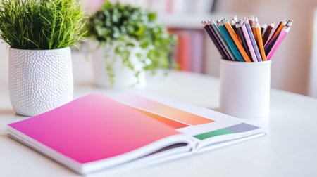 A bright and inviting workspace featuring an open notebook with vibrant gradient pages, colorful pencils in a modern holder, and lush greenery.の素材