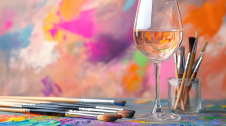 A captivating still life featuring a crisp wine glass beside an array of paint brushes on a vibrant abstract background, embodying creativity and relaxation.の素材