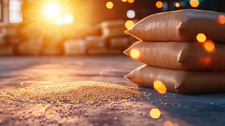 A warm evening glow fills a rustic warehouse where burlap bags are stacked high next to a scattering of grain on the floor, showcasing agricultural abundance.の素材