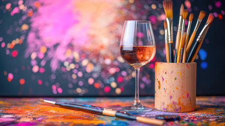 A vibrant art workspace showcasing a glass of wine next to a holder filled with paintbrushes, colorful paint splashes in the background, inspiring creativity.の素材
