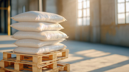 A stack of white bags neatly arranged on a wooden pallet in an industrial space, illuminated by soft, natural light creating a bright atmosphere.の素材