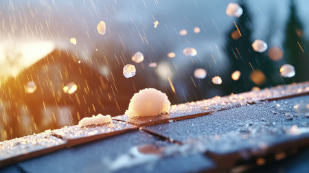 This striking image showcases raindrops splashing on a wet roof, with delicate snowflakes illuminated by a glowing sunset, creating a serene and vivid atmosphere.の素材
