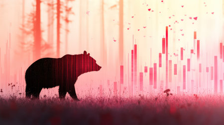 A striking silhouette of a bear stands in a tranquil forest, complemented by a stylish abstract background in pink and red hues, ideal for creative projects.の素材