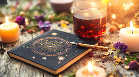 A tranquil evening setup featuring an astrological notebook, a warm cup of tea, and flickering candles, creating a cozy ambiance for relaxation and reflection.の素材