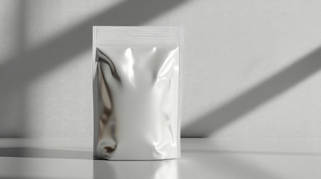 A sleek silver packaging bag stands alone on a clean surface, casting soft shadows that enhance its minimalist appearance and modern design.の素材