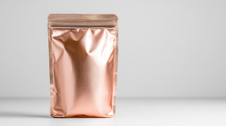 This image showcases a sleek metallic rose gold packaging pouch standing upright against a clean minimalist background, perfect for product mockups.の素材