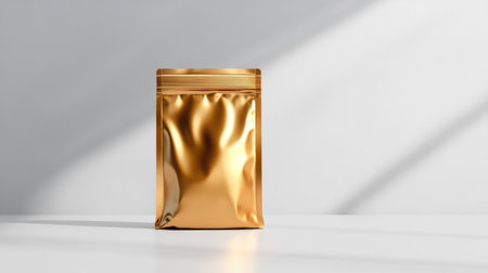 This image features a shiny metallic gold packaging bag placed on a white surface, highlighting its smooth texture and elegant design in a minimalistic setting.の素材