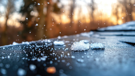 This captivating close-up image highlights melting snowflakes on a dark surface, illuminated by warm evening light, creating a magical winter scene.の素材