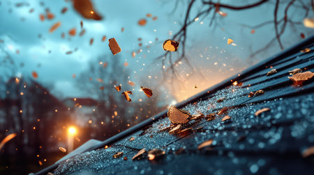 A dramatic scene capturing raindrops and shards of glass falling from a roof during a storm at dusk, showcasing texture and reflective surfaces. The atmosphere combines beauty and turmoil, perfect for conveying the essence of a tempestuous moment in nature.の素材