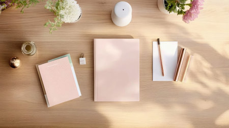 A beautifully arranged desk featuring pink stationery, a candle, and fresh flowers. The harmonious layout evokes creativity and calm in a modern workspace.の素材