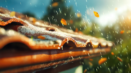 A close-up image capturing a rain shower on clay roof tiles, with droplets glistening and autumn leaves swirling in the air, creating a serene atmosphere.の素材