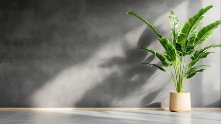 A vibrant indoor plant with lush green leaves stands in a contemporary pot against a minimalist gray wall. Soft sunlight creates a serene atmosphere.の素材