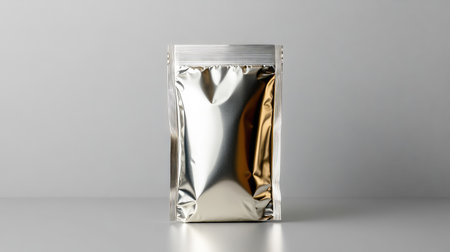A sleek silver packaging bag displayed against a soft gray background highlights its reflective surface. Ideal for product presentation or branding purposes.の素材