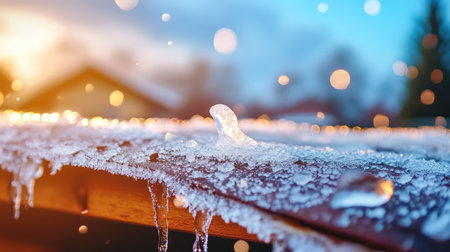 A close-up view of ice and water droplets resting on a wooden surface, illuminated by a colorful winter sunset with a bokeh background.の素材