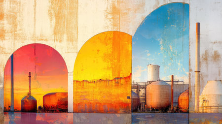 This abstract industrial image showcases vivid colors and geometric shapes, featuring oil tanks and smokestacks under a dramatic sunset sky, creating a striking visual.の素材